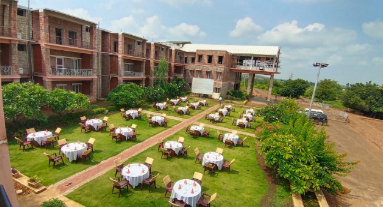 Decorated banquet hall for destination weddings at Kanthi Resorts wedding resort in Badami